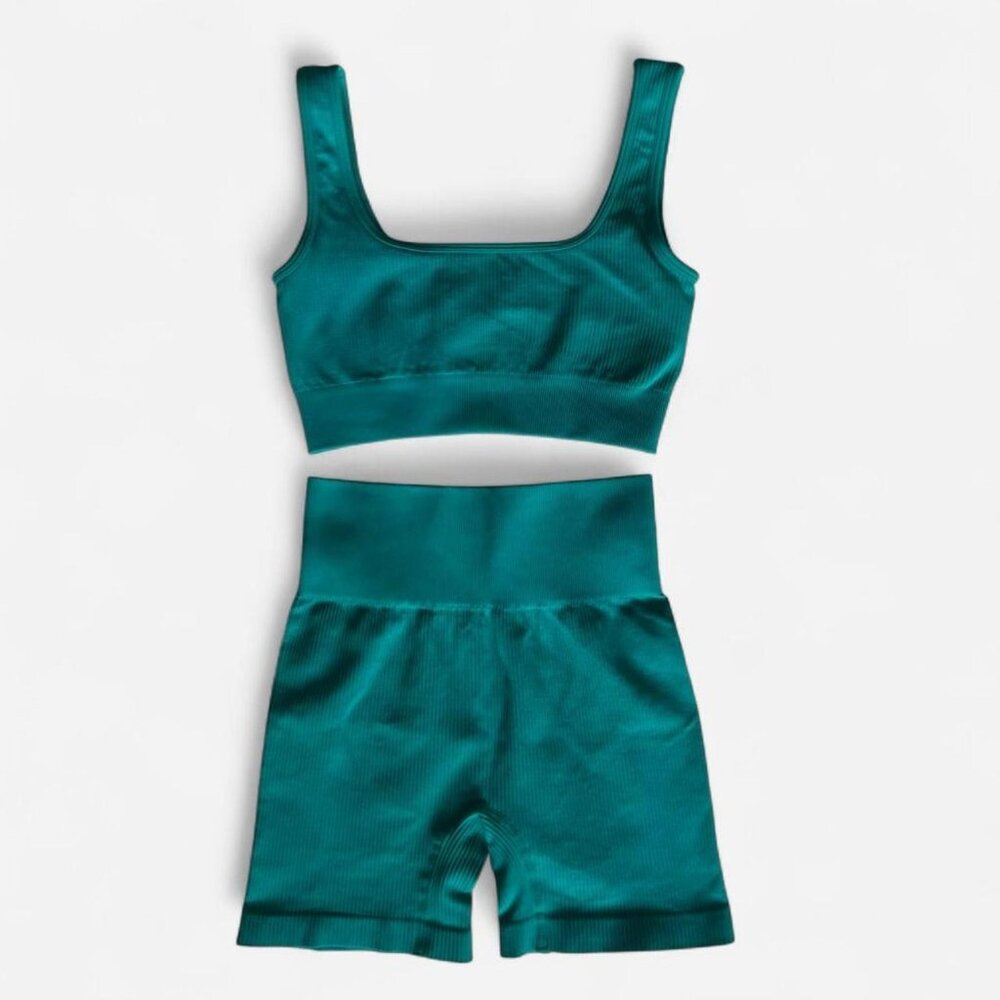 Teal Ribbed Seamless Workout Set Sports Bra & Biker Shorts - Size Small